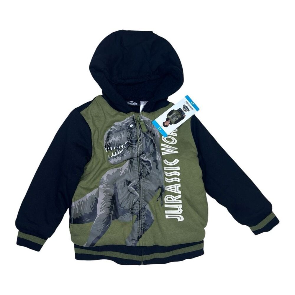 NEW Jurassic World T-Rex Plush Hoodie Jacket Kids Size 4T Green Black Dino Zip